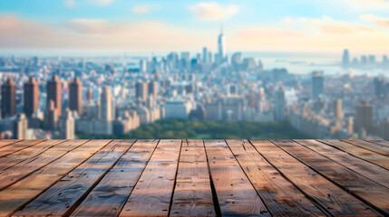 Wooden board with a city in the background, created with Generative Ai technology	