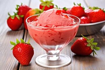 Delicious strawberry sorbet in a glass bowl