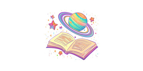 Obraz premium a cute planet with stars and an open book clipart, organic forms, pastel colours, contour lines, vector illustration, white background