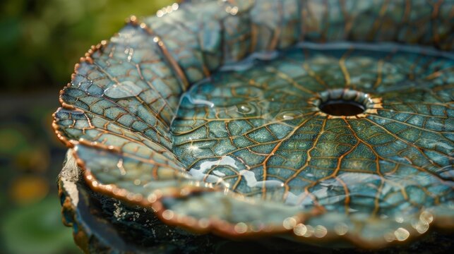 A detailed closeup of a ceramic bird bath designed to look like a leaf with intricate s and patterns ready to be p in a garden..