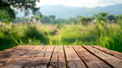 Wooden board with a forest in the background created with Generative Ai technology	