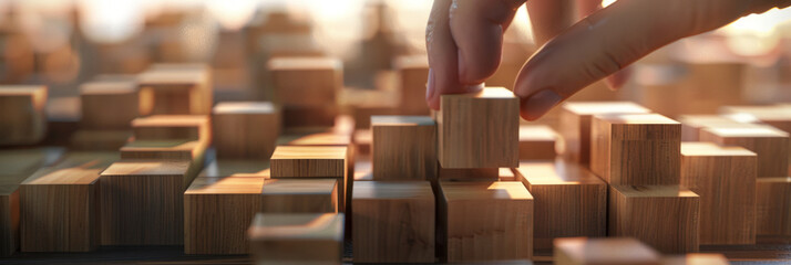 A focused action of a fingertip deftly placing a wooden block, surrounded by a warm, soft light setting