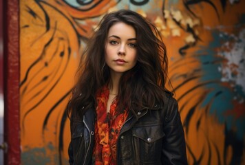 Stylish young woman in front of vibrant graffiti wall