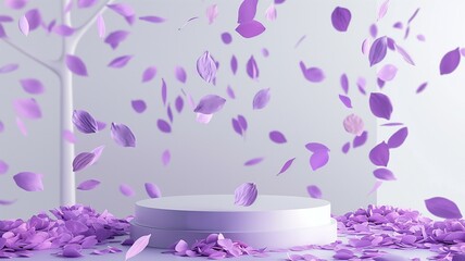Podium mockup, product display podium, background with flying purple petals, 3d render