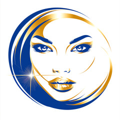 A womans face, with a smile, painted in a blue and gold circle