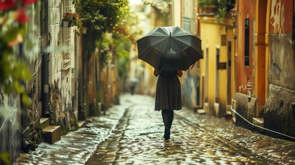 back view of woman with black umbrella walking in cobblestone stone street