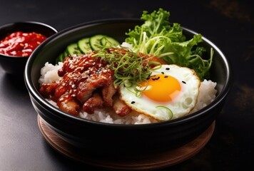 Delicious Korean rice bowl with fried egg and vegetables