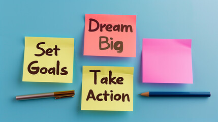 dream big , set goals, take action on sticky notes isolated blue background