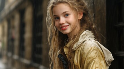 Naklejka premium Smiling woman with curly blonde hair