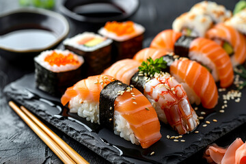 A plate of sushi with a black background and chopsticks