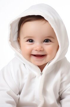 Smiling baby in white hooded outfit