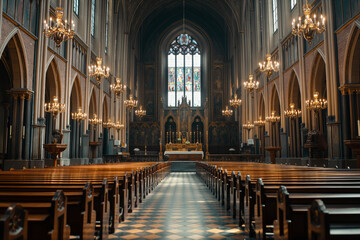 Fototapeta premium Inside of an old gothic church with pews and stained glass windows, and chandeliers hanging from its ceiling casting light on to a checkered floor,
