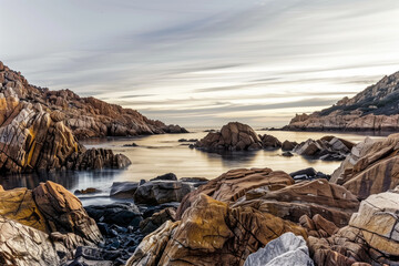 A rocky coastline with rugged rocks and calm waters under a cloudy sky, picturesque