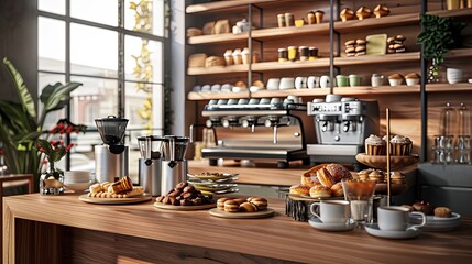 modern coffee shop counter adorned with assorted pastries and freshly brewed pots of gourmet coffee, enticing customers with tempting treats.