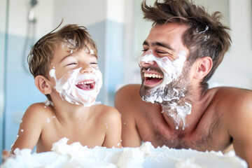 Happy father and kid having fun with shaving foam in bathroom