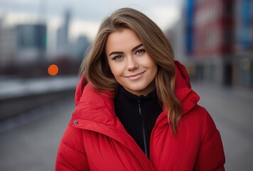 Fototapeta premium Smiling woman in red winter coat