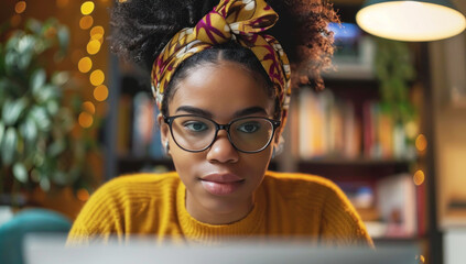 African-American young woman learning or research online