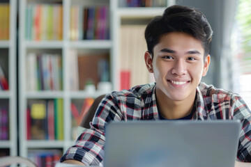 Asian Young man learning or research online in library