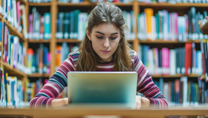 Young girl learning or research online in library