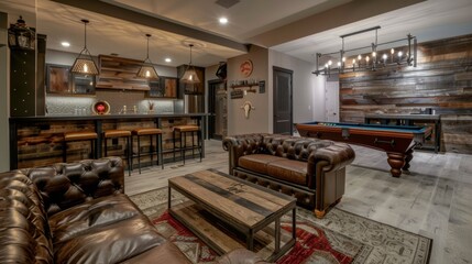 A basement lounge with a home bar, pool table, and leather couches, perfect for entertaining guests and hosting social gatherings.