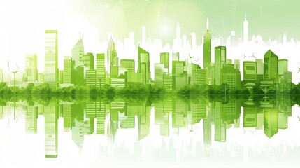 A city skyline with green buildings representing sustainable urban planning and design..