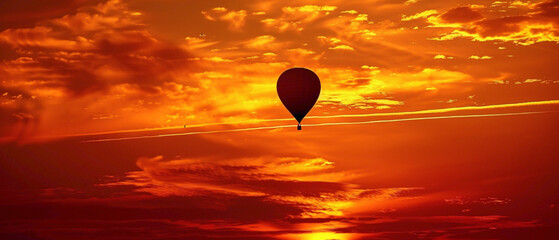 The silhouette of a solitary yellow balloon agnst a fiery orange sky, with streaks of golden light piercing through the clouds, creating a mesmerizing scene.