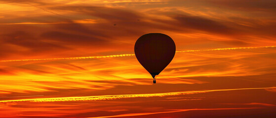 The silhouette of a solitary yellow balloon agnst a fiery orange sky, with streaks of golden light piercing through the clouds, creating a mesmerizing scene.