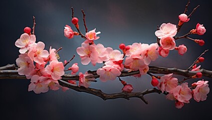 Blooming Cherry Blossoms on Dark Background