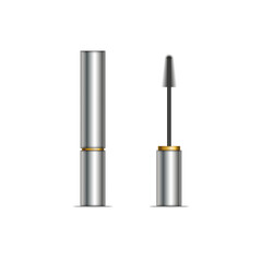 Obraz premium A mascara tube and a wand applicator brush metallic color isolated on white background blank cosmetic vector 3d mockup, open and closed tubes makeup product.