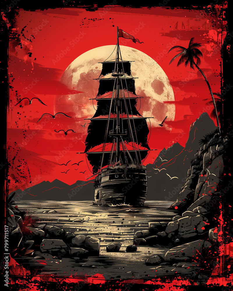 Wall mural a red and black poster of a ship sailing in the ocean with a full moon in the ba