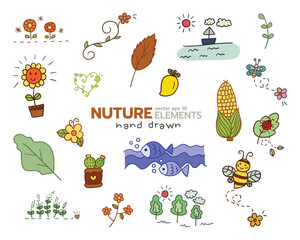 Nature element hand drawn filled outline icon vector design style set of leaf, fish, bee, flowers, mango, corn, tree, butterfly, cactus.