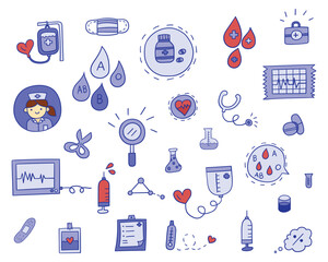Health care element hand drawn filled outline icon vector design style set of blood bag, chemistry glass, heart graph rate, syringe, saline bag, stethoscope, pill, thermometer.