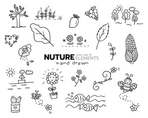 Nature element hand drawn outline icon vector design style set of leaf, fish, bee, flowers, mango, corn, tree, butterfly, cactus.