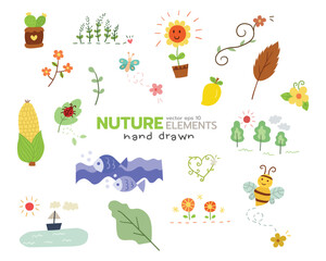 Nature element hand drawn flat icon vector design style set of leaf, fish, bee, flowers, mango, corn, tree, butterfly, cactus.