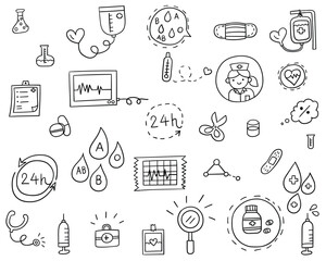 Health care element hand drawn outline icon vector design style set of blood bag, chemistry glass, heart graph rate, syringe, saline bag, stethoscope, pill, thermometer.