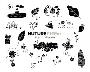 Nature element hand drawn solid icon vector design style set of leaf, fish, bee, flowers, mango, corn, tree, butterfly, cactus.