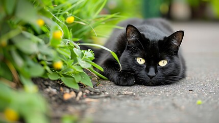 Empty space for text a black cat lies on the path in the garden
