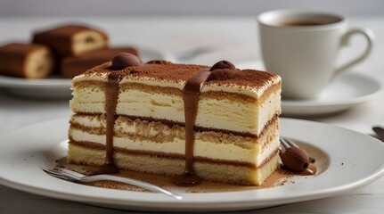 a plate of tiramisu cake, highlighting its creamy layers and coffee-soaked ladyfingers.generative.ai