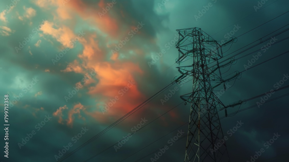 Poster a close-up of a high-voltage power line tower against a dramatic sky, symbolizing energy transmissio