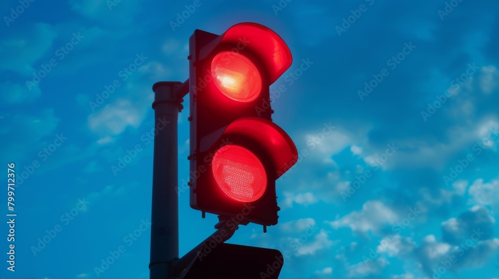 Poster a close-up of a red traffic signal illuminated against a blue sky, indicating drivers to halt at an 