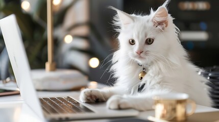 fold longHair white business kitten working at home with gold grey background