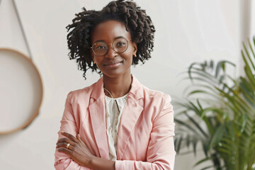 portrait of happy black businesswoman standing with arms crossed, wearing pink blazer and glasses in office room near plant on white background