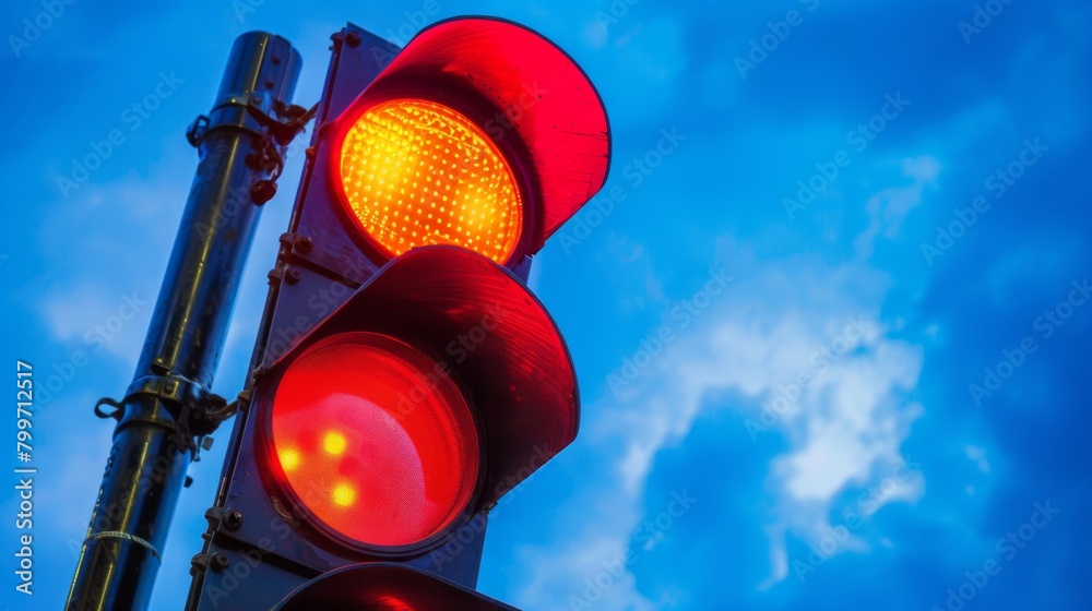 Poster a close-up of a red traffic signal illuminated against a blue sky, indicating drivers to halt at an 