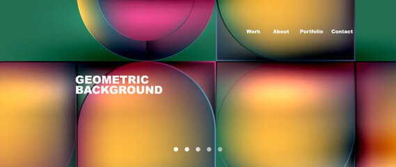 A colorful geometric background featuring circles and squares in electric blue, magenta, and shades. Perfect for automotive lighting or macro photography