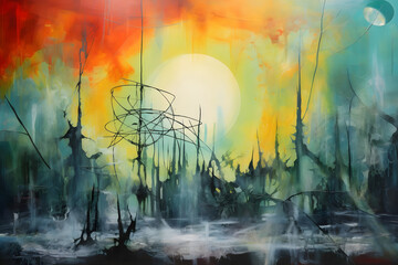 Summer Solstice Sanctuary, abstract landscape art, painting background, wallpaper, generative ai