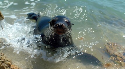 Obraz premium A seal frolicking in the surf along a rugged coastline, its sleek body darting in and out of the crashing waves.