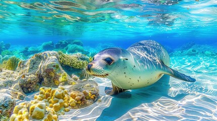 Obraz premium A seal swimming gracefully in crystal-clear waters, surrounded by vibrant coral reefs.