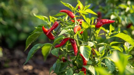 A close-up of a Thai chili pepper plant laden with ripe red peppers, flourishing in a sunny garden.