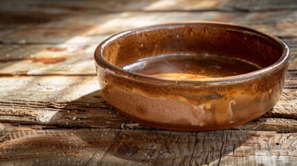 A finished clay baking dish fresh out of the kiln with its glossy glaze glistening in the sunlight and small imperfections adding character to its overall appearance..