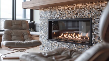 Fototapeta premium The compact corner fireplace is surrounded by a beautiful mosaic tile backdrop adding a pop of color to the room. 2d flat cartoon.